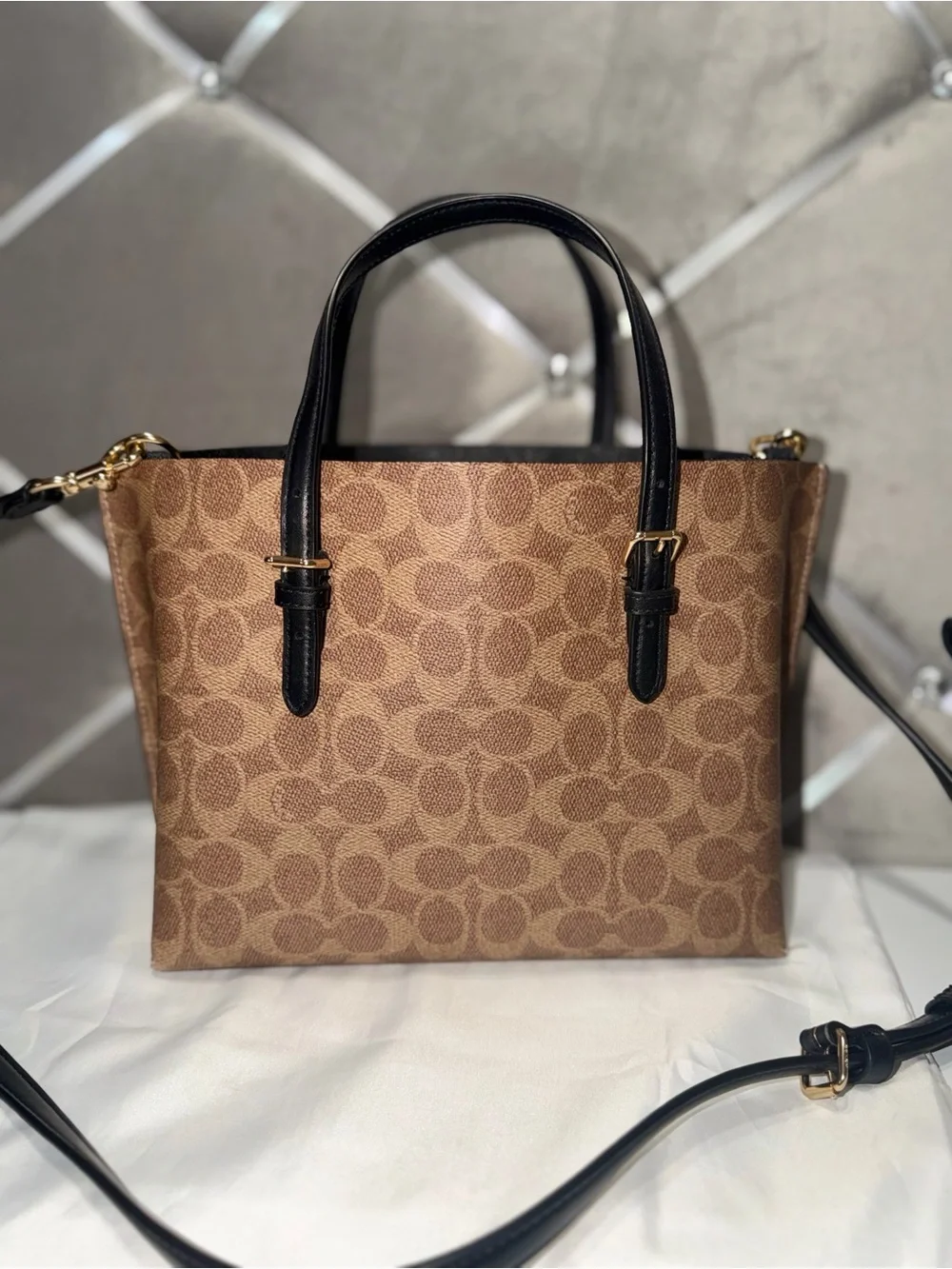 Coach Brown Signature Canvas Messenger Bag with Black Trim